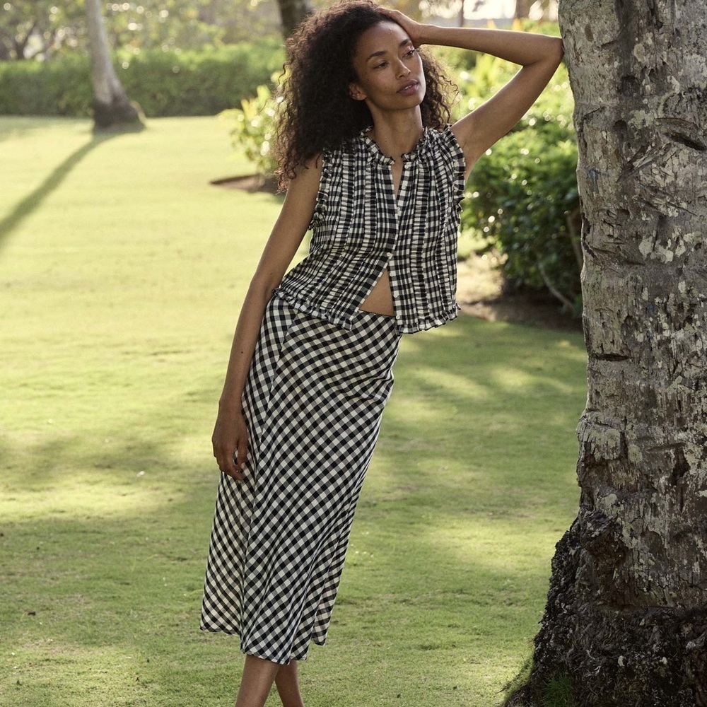 NWT Doen Elowen Linen Rayon Midi Slip A Line Skirt Marilyn Gingham Print
